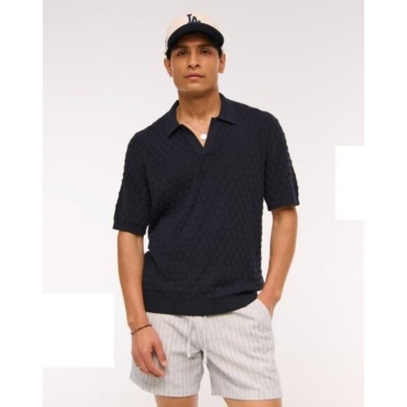 Abercrombie Mens Pointelle Stitch Johnny Collar Sweater Polo Large Tall Navy NWT - Picture 1 of 10